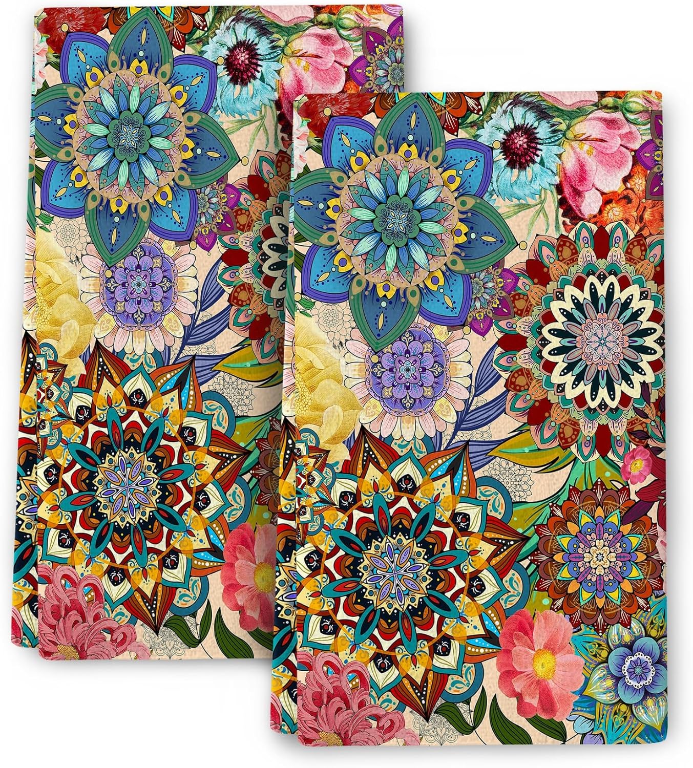Boho Floral Kitchen Towels Decorative Set of 2, Colorful Flowers Dish Towels for Kitchen, Absorbent Soft Hand Towel Tea Bar Towel for Kitchen Decor Cooking Baking Housewarming Gifts for Women