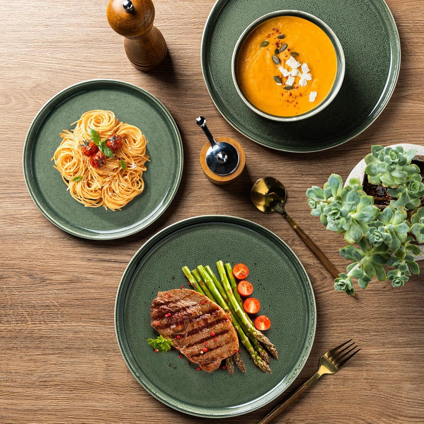 AmorArc Stoneware Dinnerware Sets,Round Reactive Glaze Ceramic Plates and Bowls Set,Highly Scratch Resistant | Dishwasher & Microwave Safe Dishes,Service for 6 (18pc) Jade Green