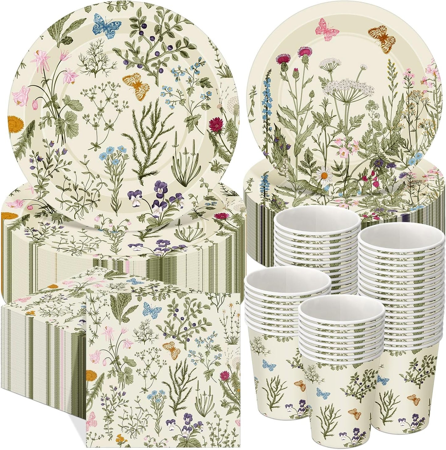 250 Pcs Wildflower Party Decorations Include Spring Summer Floral Paper Plates Napkins and Cups for Wildflower Baby Shower Tea Decorations, Serve 50 Guest(Light Green,Vintage Style)