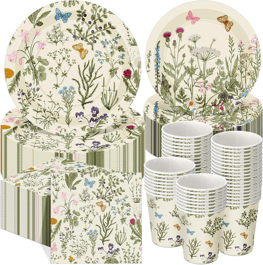 250 Pcs Wildflower Party Decorations Include Spring Summer Floral Paper Plates Napkins and Cups for Wildflower Baby Shower Tea Decorations, Serve 50 Guest(Light Green,Vintage Style)