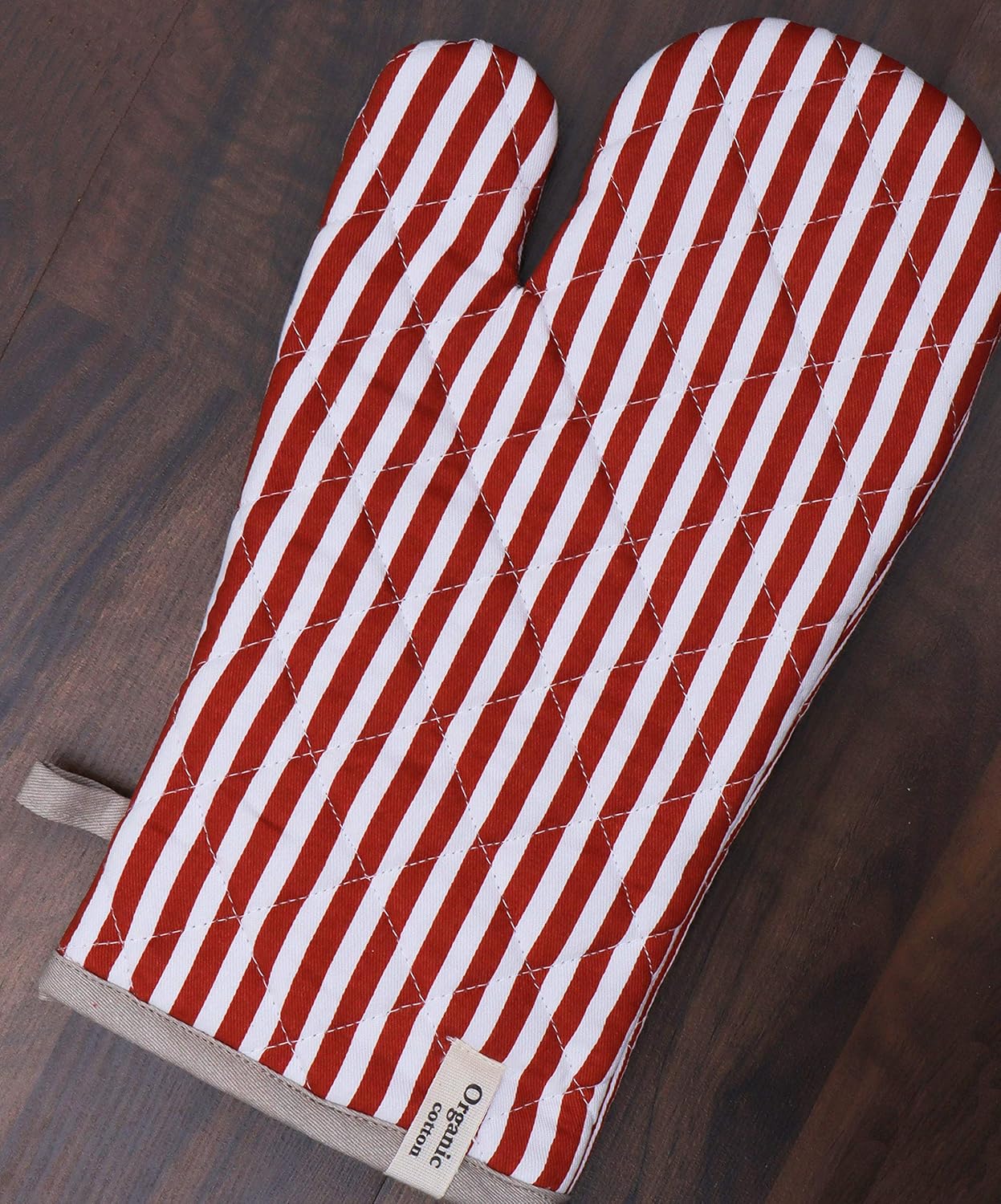 AMOUR INFINI Striped Pot Holders and Oven Mitts Heat Resistant Non Slip Reusable Set of 1 Oven Mitt and 1 Pot Holder Oven Gloves Pot Holder for Cooking (Rust)