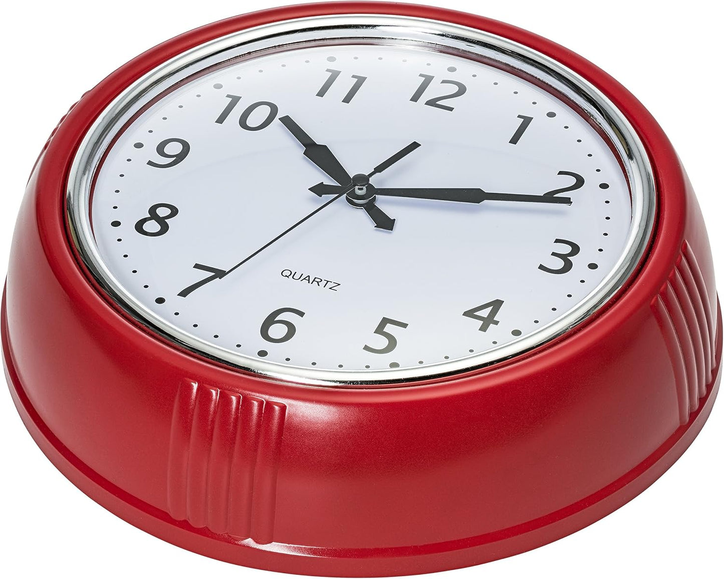Bernhard Products Retro Wall Clock 9.5 Inch Red Kitchen 50's Vintage Design Round Silent Non Ticking Battery Operated Quality Quartz Clock