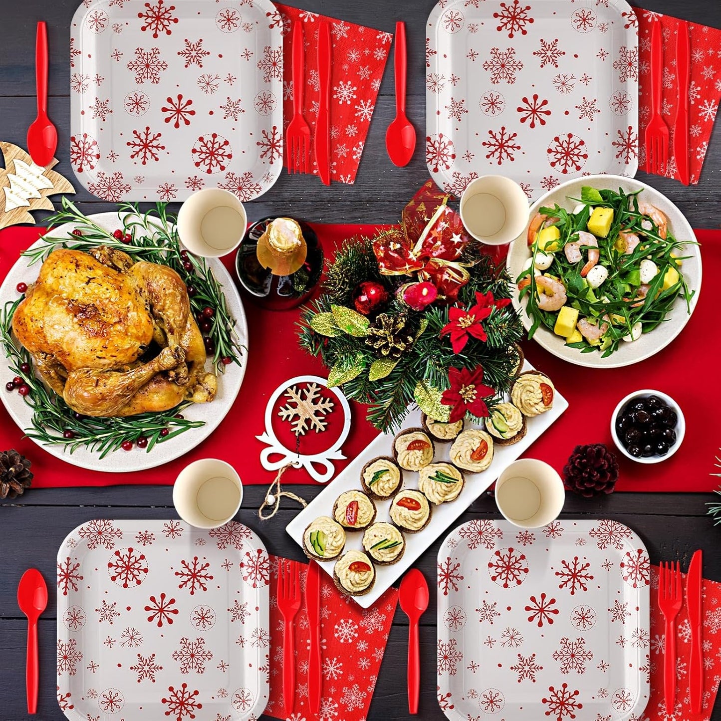 350 Pcs Paper Plates and Napkins Set Disposable Dinnerware Party Supplies Tableware Serve 50 Guest Cups Knife Forks Spoon(Red,White,Snowflake)