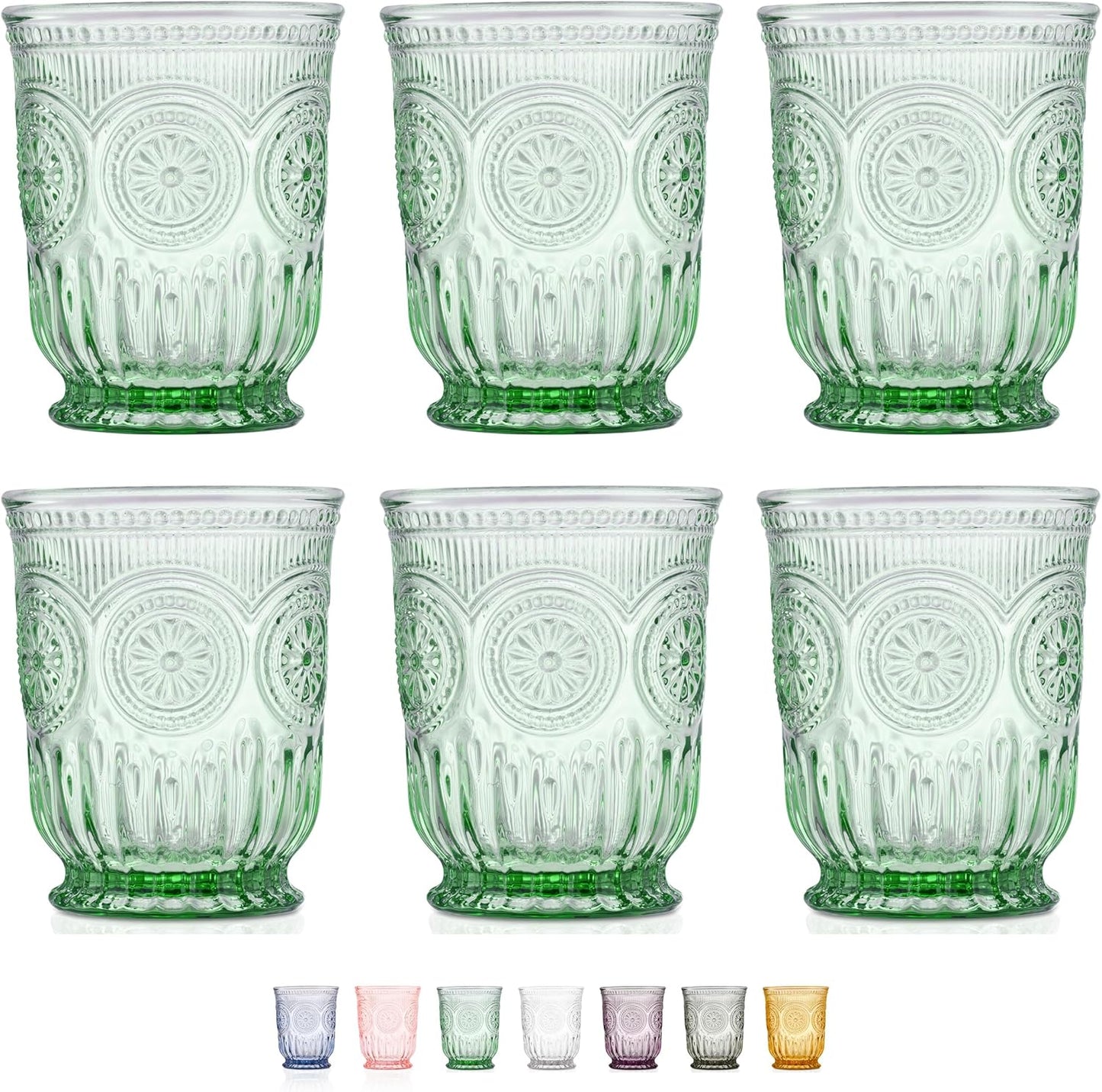 Yungala Green Glassware set of 6 green drinking glasses, textured colored vintage glass cups dishwasher safe
