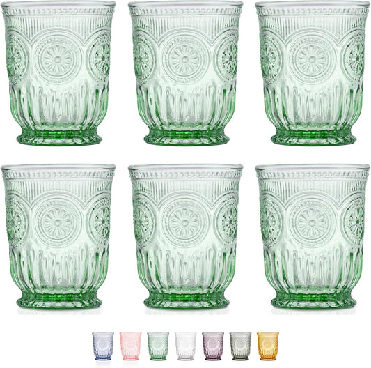 Yungala Green Glassware set of 6 green drinking glasses, textured colored vintage glass cups dishwasher safe
