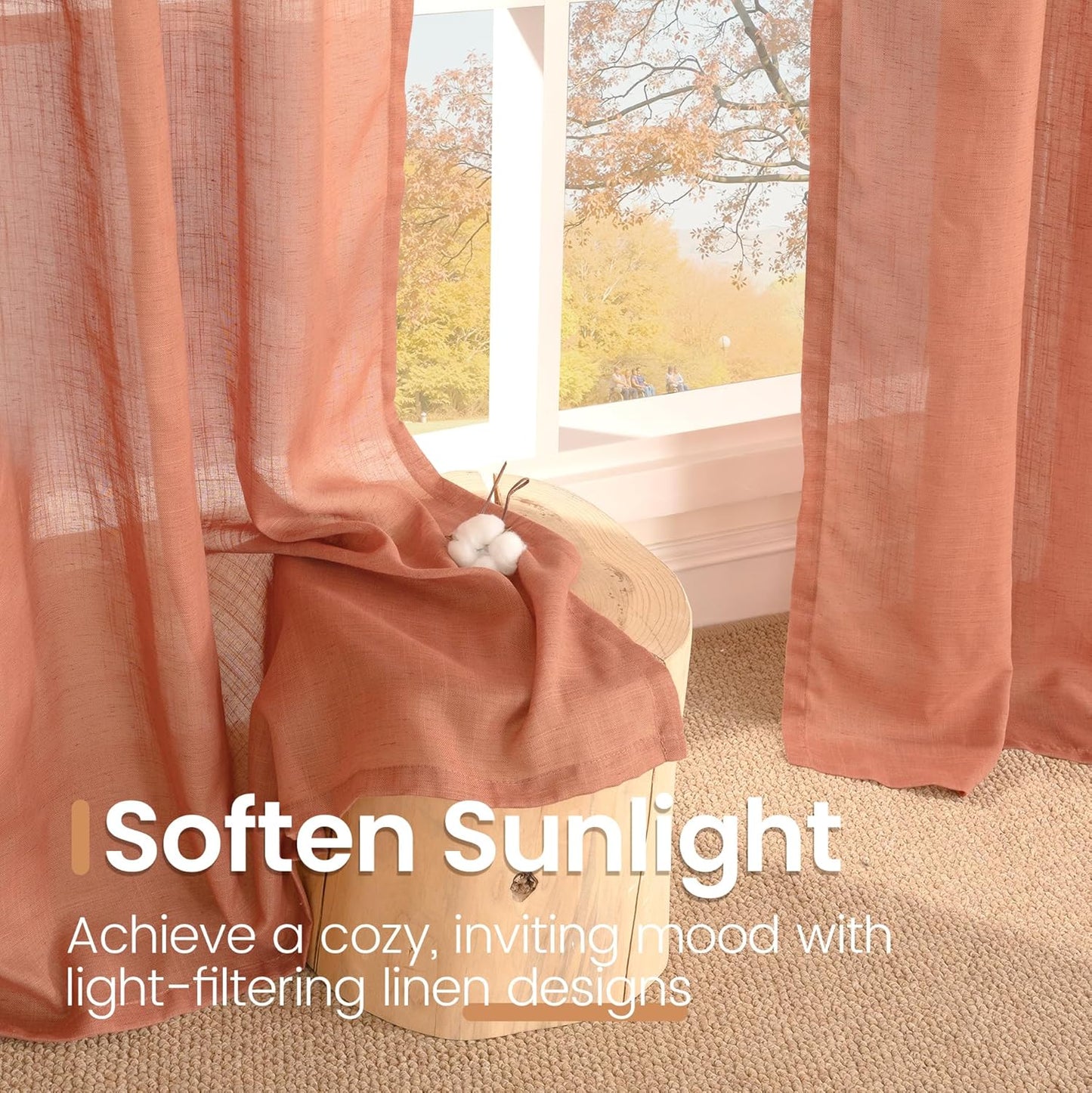 BGment Fall Linen Semi Sheer Curtains for Living Room Windows, Terracotta Light Filtering Drapes with Rod Pocket for Bedroom Dining Burnt Orange Lightweight, 2 Panels Set, Each 52 Inch Wide