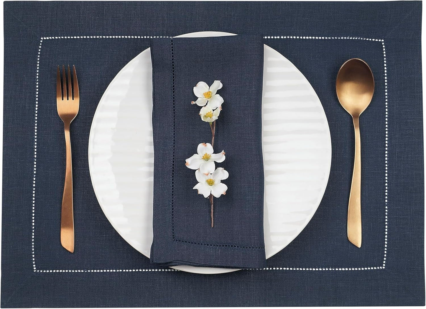 D'Moksha Homes Linen Placemats Set of 4 - Classic Hemstitch Navy Blue Placemats 14 x 19 Inch - 100% Pure Linen Table Mats for Fall, Autumn and Halloween - Handcrafted and Machine Washable