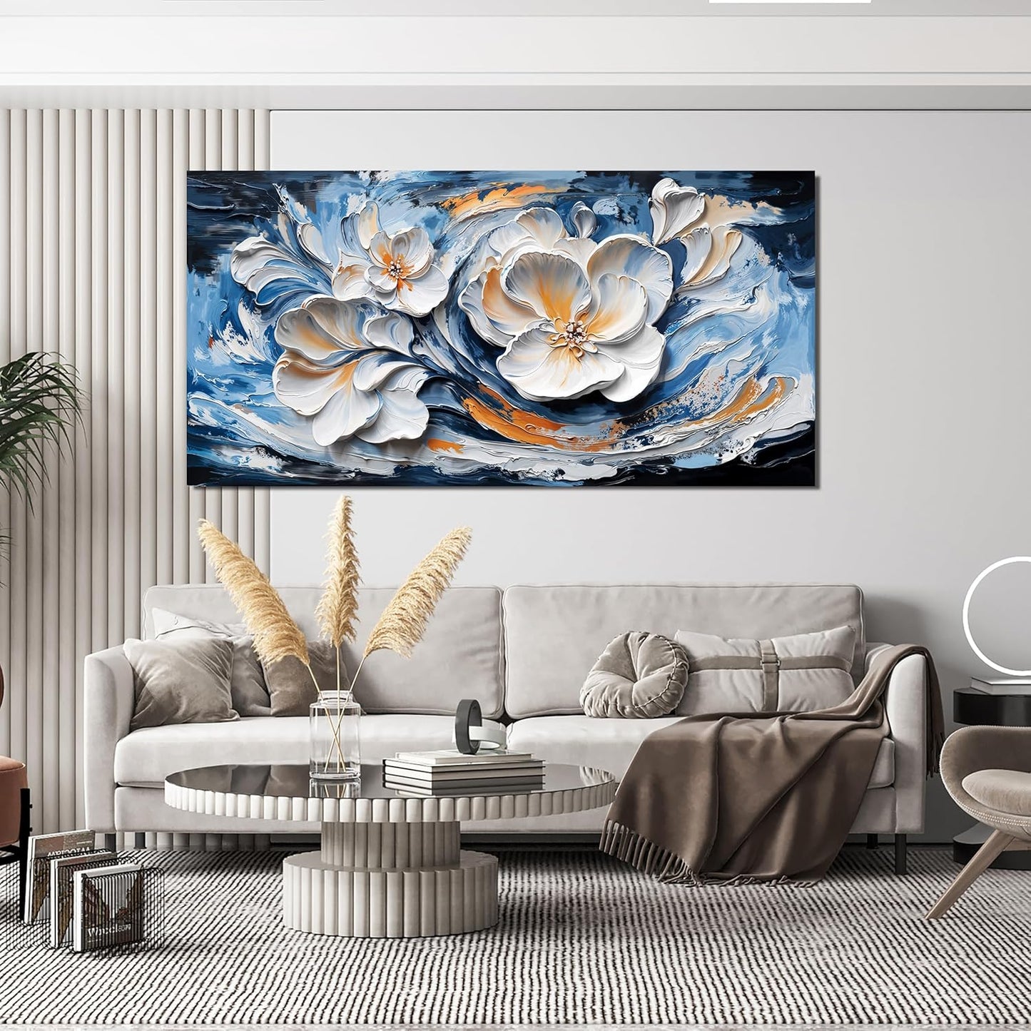 Large Canvas Wall Art Decor Wall Art Pictures for Living Room Abstract Canvas Art Wall Decor Blue White Wall Art Prints Modern Flower Wall Art Decorations Bederoom Office Home Decor 24" X 48"