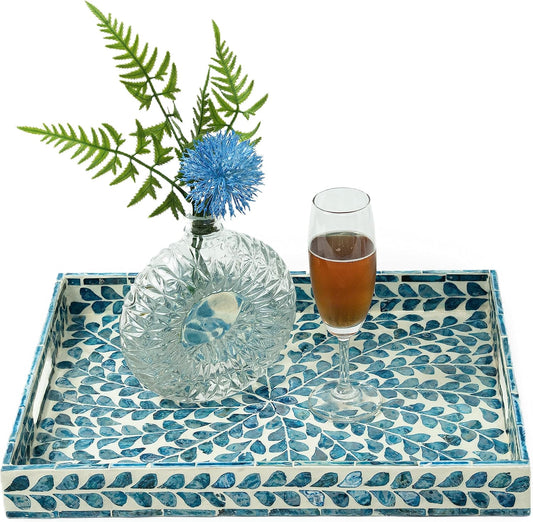 CLAYNIX Serving Tray 15.7" X11.8", Lacquer Mother of Pearl Inlay Mosaic Tray, Rectangle Wooden Marble Tray with Handles Trays for Tea, Breakfast in Bed, Table (Blue)