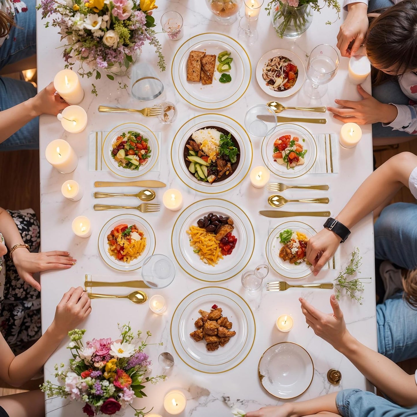 GATHER 350PCS Clear Gold Plastic Plates - Disposable Gold Dinnerware Sets Includes 100 Gold Rim Plastic Plates, 150 Silverware, 50 Napkins, 50 Cups for Party, Wedding & Birthday & Thanksgiving