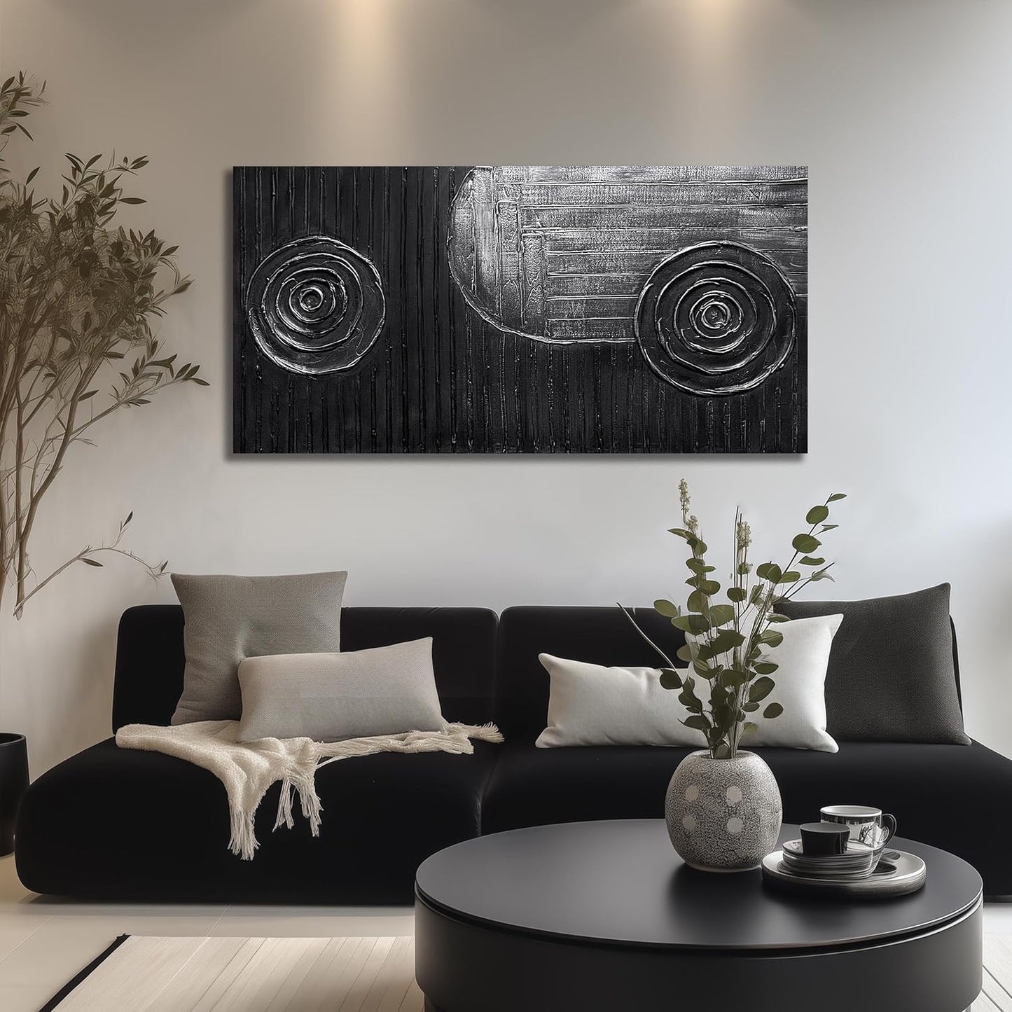 Black and Silver Circles Canvas Wall Art for Living Room Abstract Painting Wall Decor for Dining Room Minimalist Wall Decor for Office Size 24 x 47 Inch