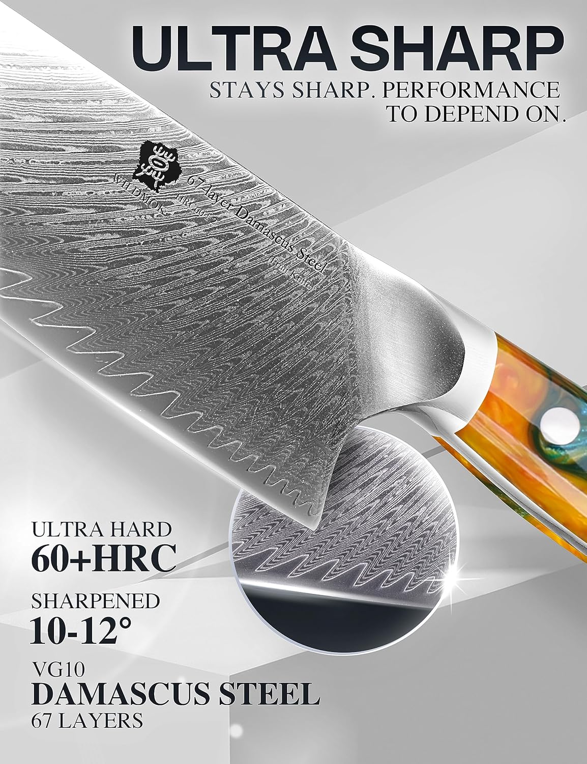 WILDMOK Chef Knife, 8 inch Japanese Damascus Steel Chef Knife, Resin Handle kitchen knives, professional sharp chef's knives for kitchen