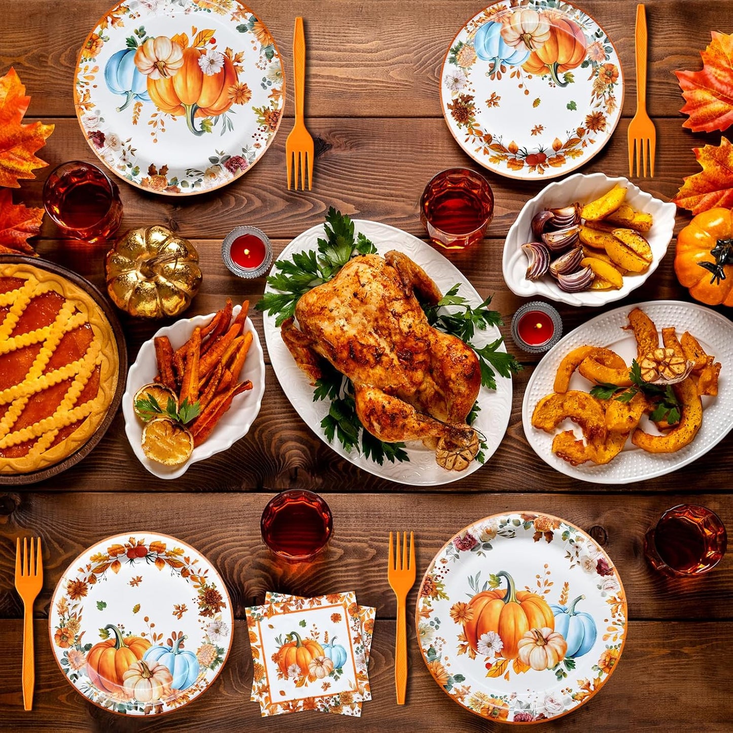 96 Pieces Thanksgiving Pumpkin Tableware Set – Rustic Sunflower and Pumpkin Disposable Plates, Napkins, and Forks for Fall Dinners, Friendsgiving, Harvest Parties – Serves 24 Guests