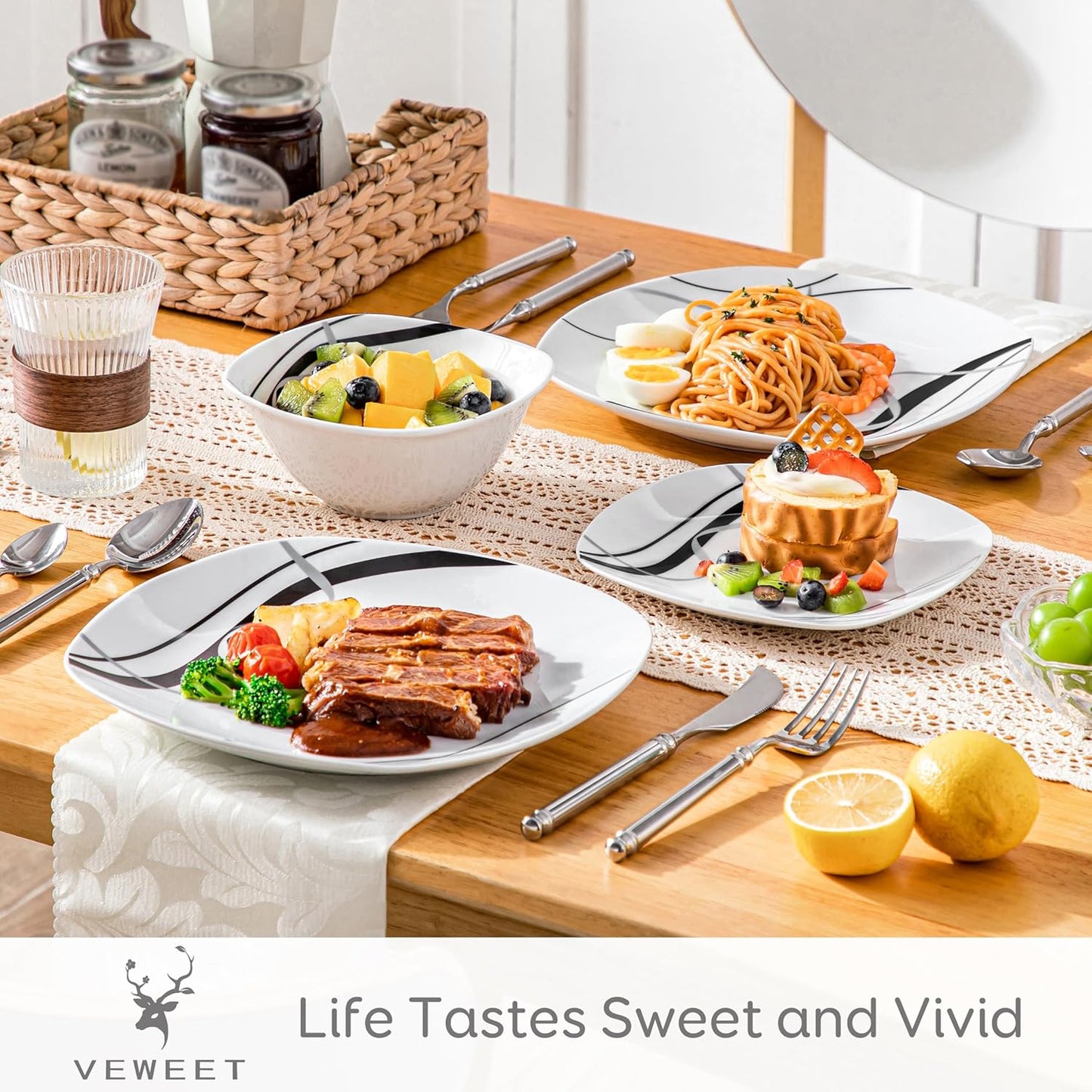 VEWEET Porcelain Dinnerware Set, 12 PCS Including Dinner Plates, Dessert Plates and Cereal Bowls, Series Fiona