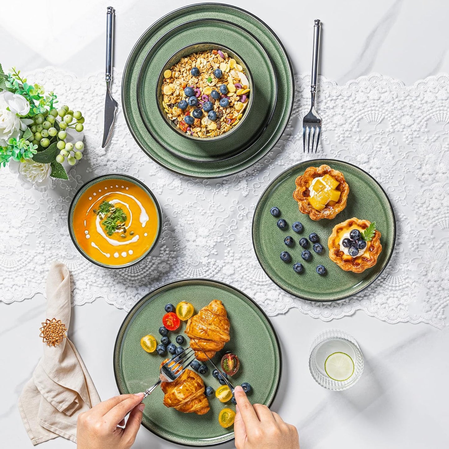 AmorArc Stoneware Dinnerware Sets,Round Reactive Glaze Plates and Bowls Set,Highly Chip and Crack Resistant | Dishwasher & Microwave Safe Dishes Set,Service for 4 (12pc)