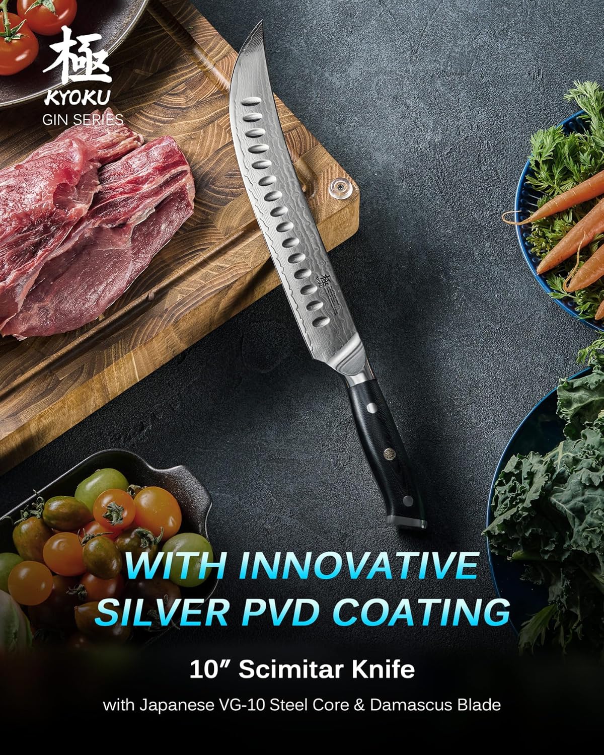 KYOKU 10" Scimitar Knife, Gin Series Cimitar Breaking Knife with Silver PVD Coating Damascus Blade, Japanese VG10 Stainless Steel Butcher Knife, Full Tang Brisket Kitchen Knife with Sheath & Case