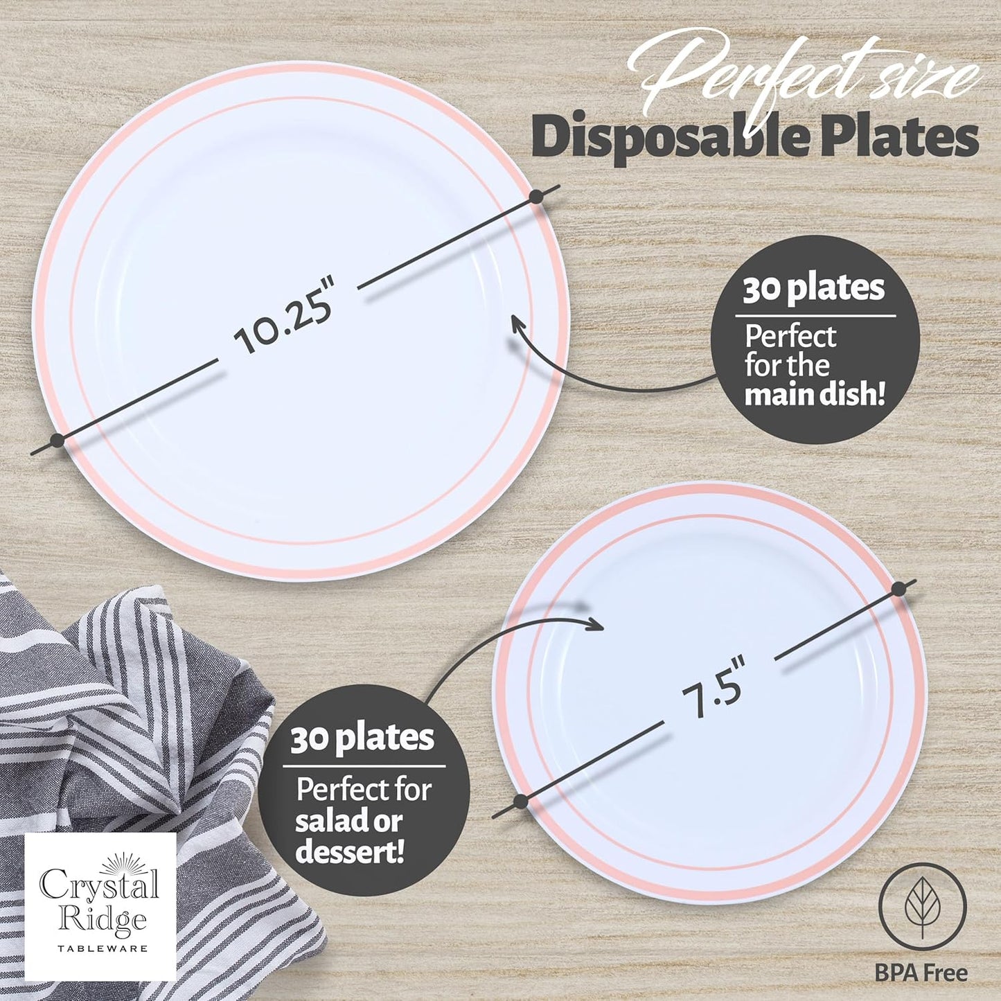 60 Pieces White Plastic Disposable Plates - Premium Heavy-Duty 30 Dinner Plates & 30 Salad Plates with Pink Rim Ideal for Party, Birthday and Special Events