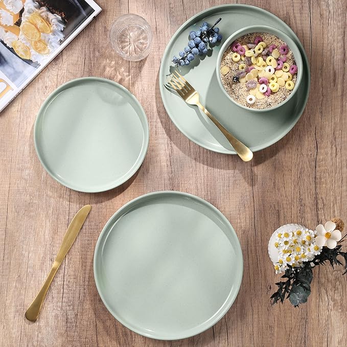 HaWare Stoneware Dinnerware Sets, 24-Piece Plates and Bowls Set for 8, Dishes Set for Home Restaurant,Speckled Asparagus Green