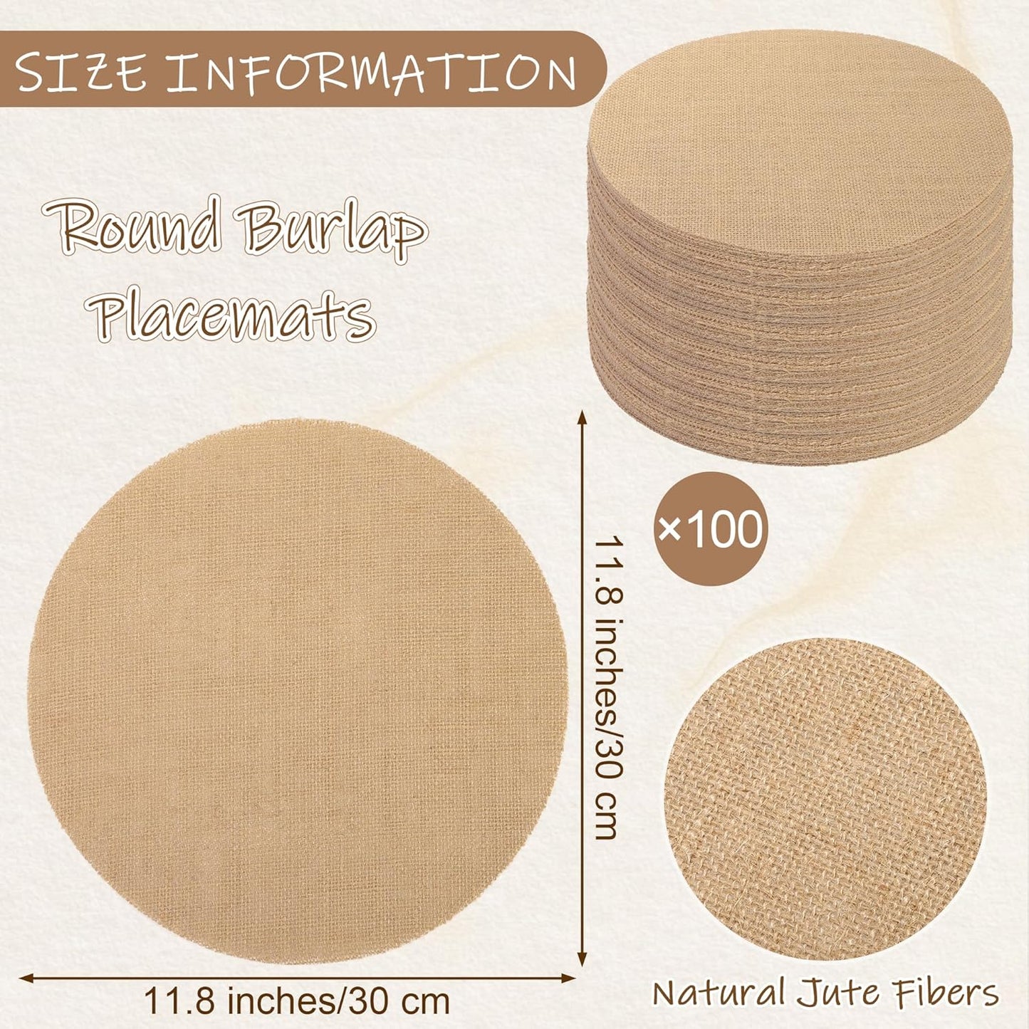 100 Pieces Burlap Placemats 11.8 Inch Round Reusable Brown Table Mats Natural Jute Fibers Placemats Bulk Circle Rustic Table Decorations for Dining Wedding Holiday Farmhouse Supplies
