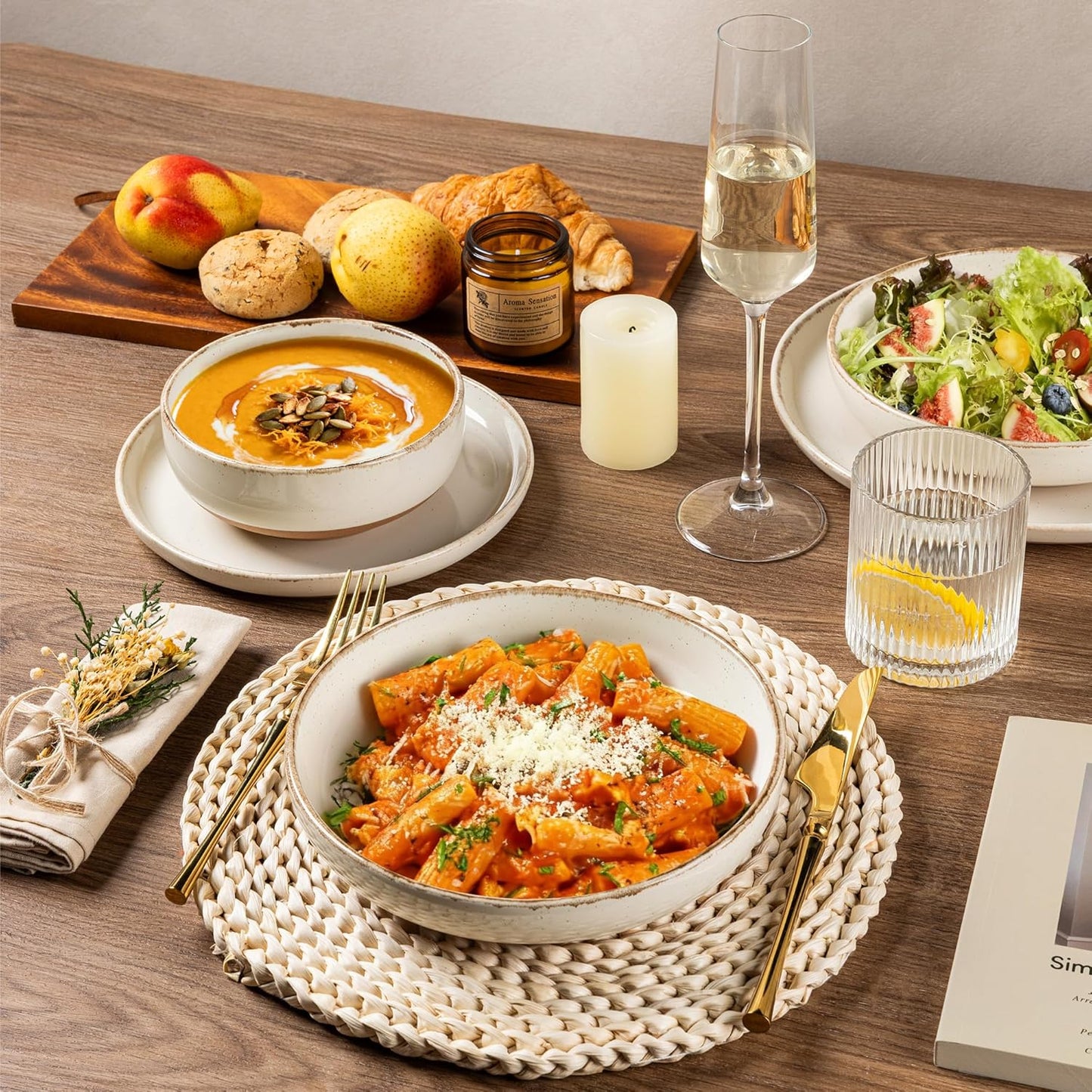 AmorArc Ceramic Dinnerware Sets with Pasta Bowls for 6, Handpainted Plates and Bowls Set with Rustic Terracotta Underside, Scratch Resistant Dishes Set, Dishwasher & Microwave Safe, 24 Pcs