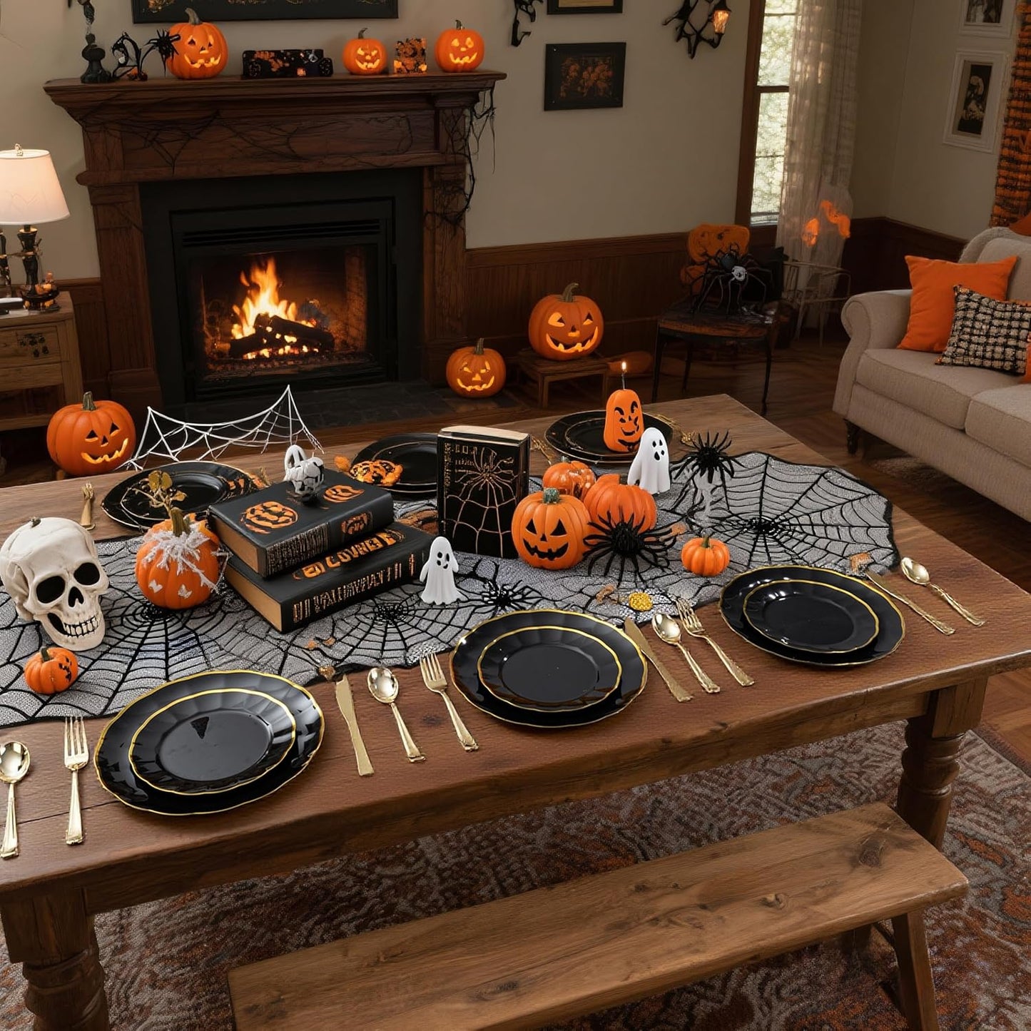 EI 150pcs Black Plastic Plates,Black and Gold Fancy Plate,Gold Plastic Silverware,Black and Gold Dinnerware Set,Premiun Heavy Duty Taleware,Perfect for Halloween,Party,Wedding,Anniversary