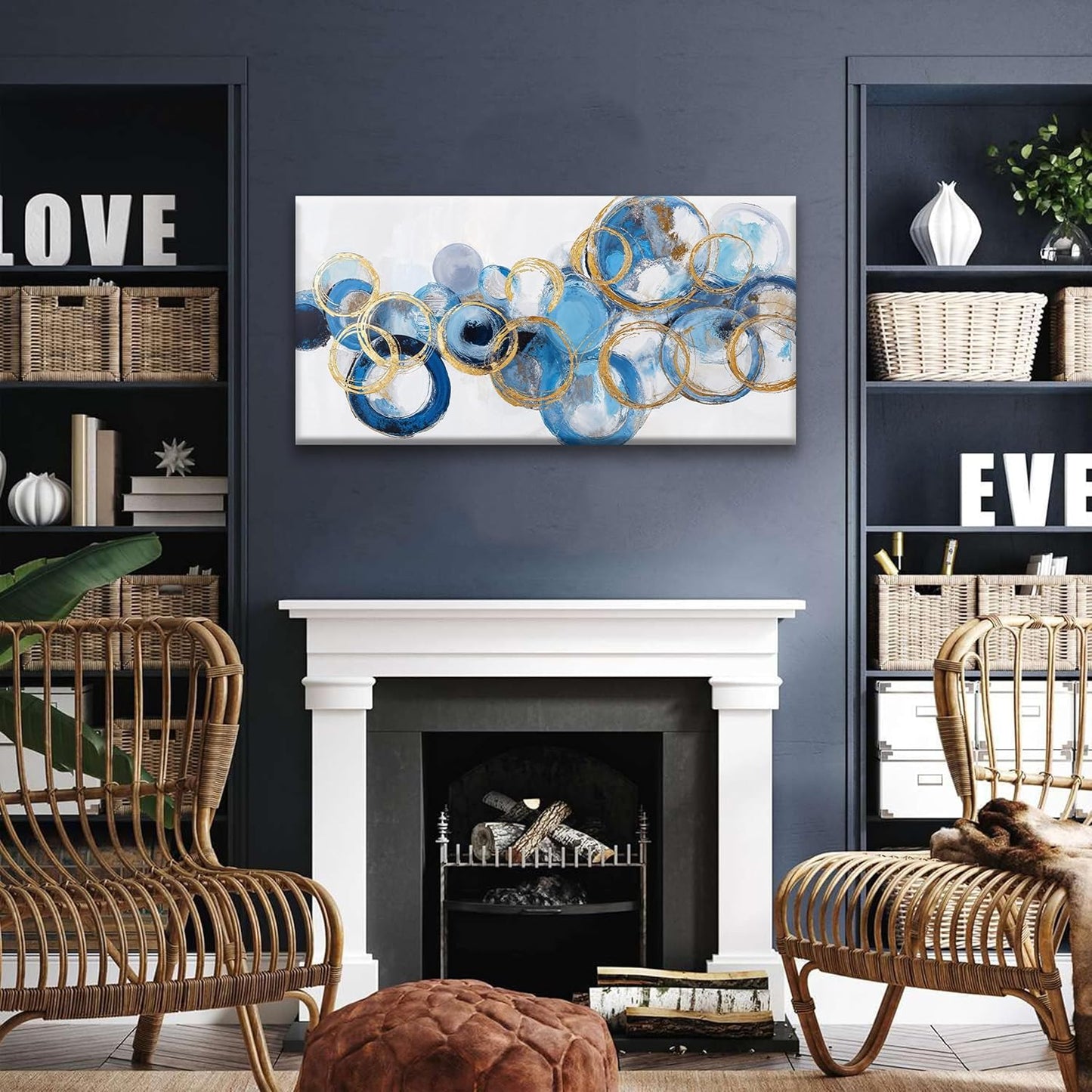 Suconvng Canvas Wall Art Decor Artwork Modern Paintings Abstract Wall Decor Maximalist Blue Gold Circle Abstract Wall Art Prints Picture For Bedroom Kitchen Office Artwork Ready To Hang 20" × 40"