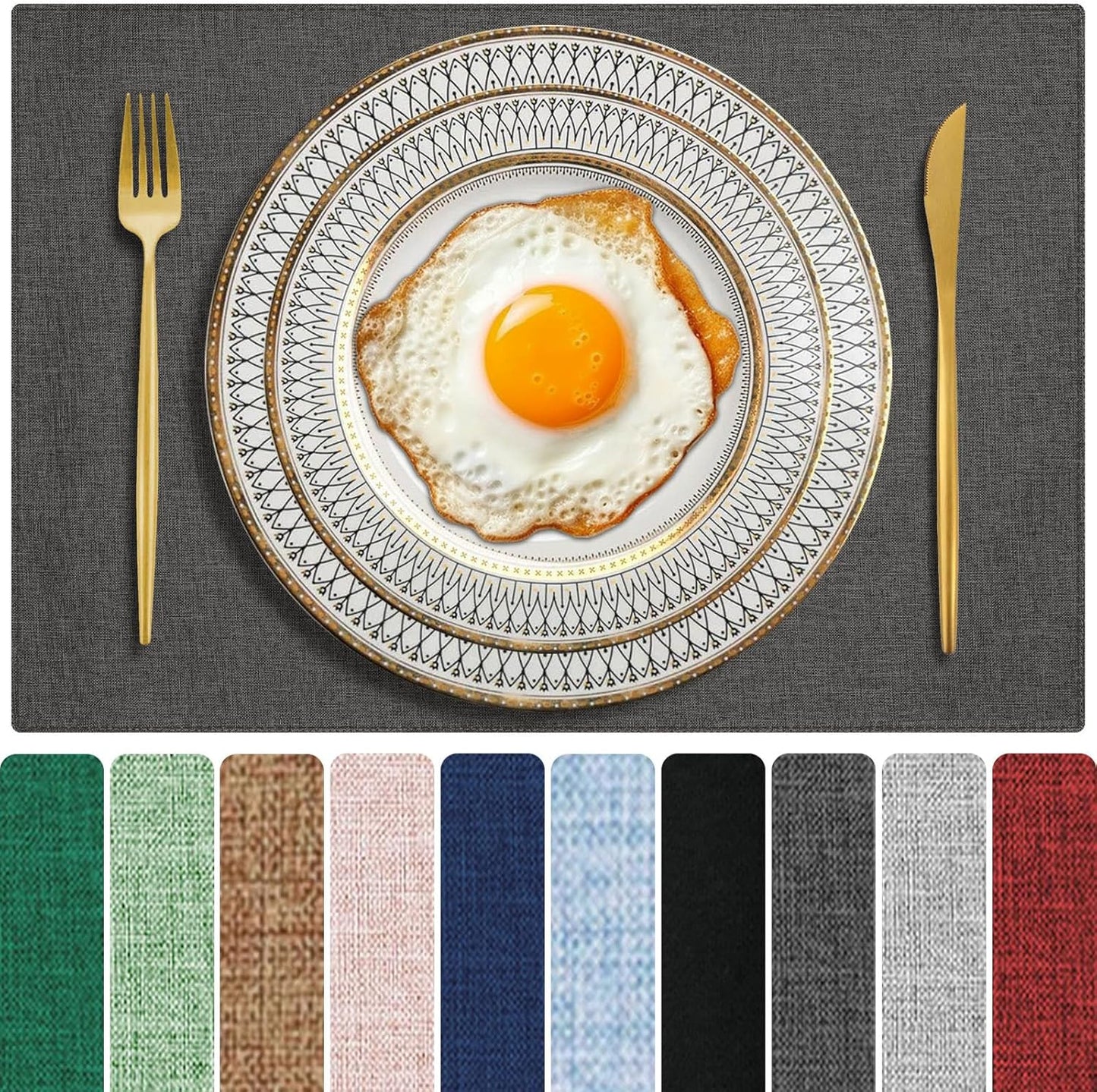 Cloth Placemats Set of 6, Cotton Linen Blend Machine Washable Double Layered Durable Place Mats Heat Resistant Placemats Wrinkle Free Thick Fabric Dining Table Mats (Dark Grey, 6)