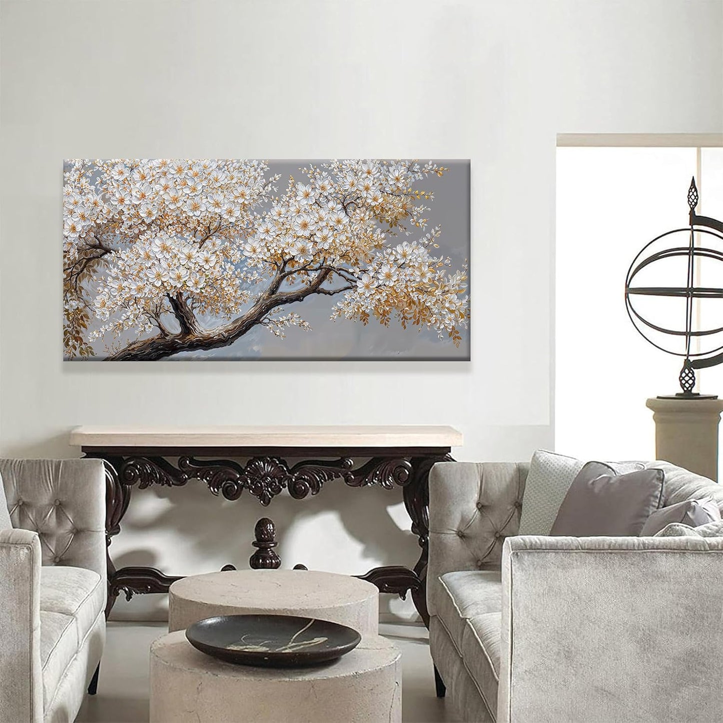 Canvas Wall Art Decor White Flowers On Tree Artwork Wall Decor Living Room Canvas Prints Modern Wall Art For Office Kitchen Canvas Prints Decor 24x48 Inch