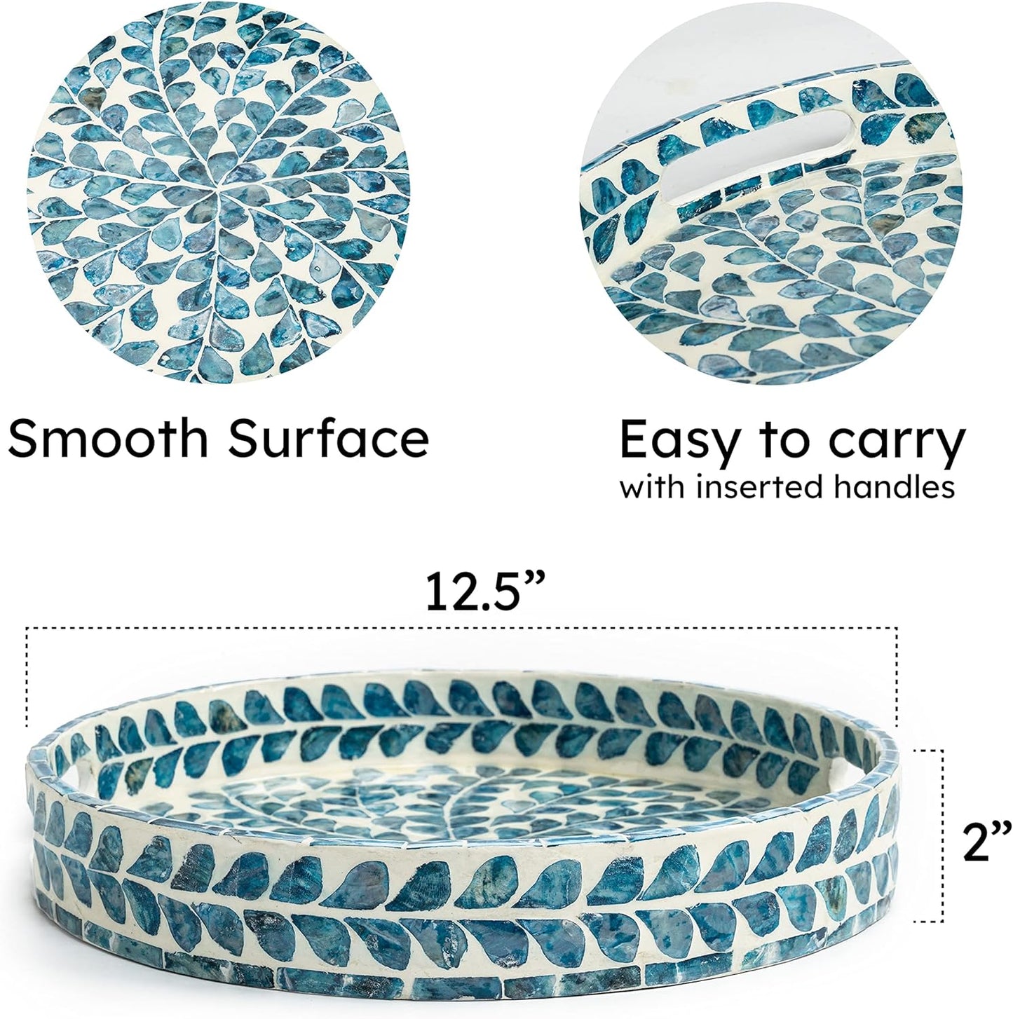 CLAYNIX Serving Tray 12.5 Inch, Lacquer Mother of Pearl Inlay Mosaic Tray, Round Wooden Marble Tray with Handles Trays for Tea, Breakfast (Leaf Style)