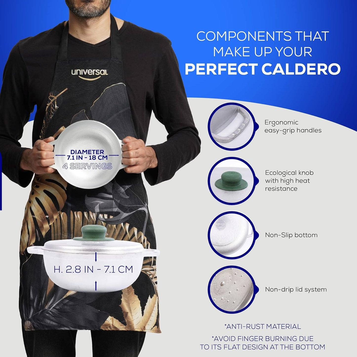 Universal (Extra Small) Caldero 4 Cups - 1.3 QT / 1.2 L, Stainless Aluminum Pot, Even Heat Distribution and Fast Cooking Dutch Oven Pot, Ergonomic Handles, Ideal for Rice, French Fries, and More