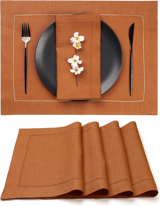 D'Moksha Homes Rust Linen Placemats Set of 4 - Classic Hemstitch Placemats 14 x 19 Inch - 100% Pure Linen Table Mats for Fall, Halloween - Handcrafted and Machine Washable