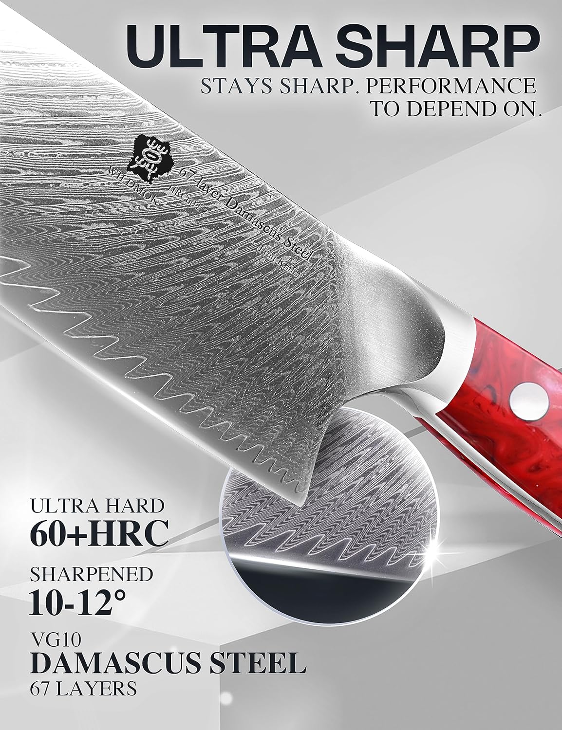 WILDMOK Chef Knife,8 inch Damascus Japanese Chef Knife, professional sharp Damascus kitchen knife,Red Resin Handle Kitchen Cooking chef's knives