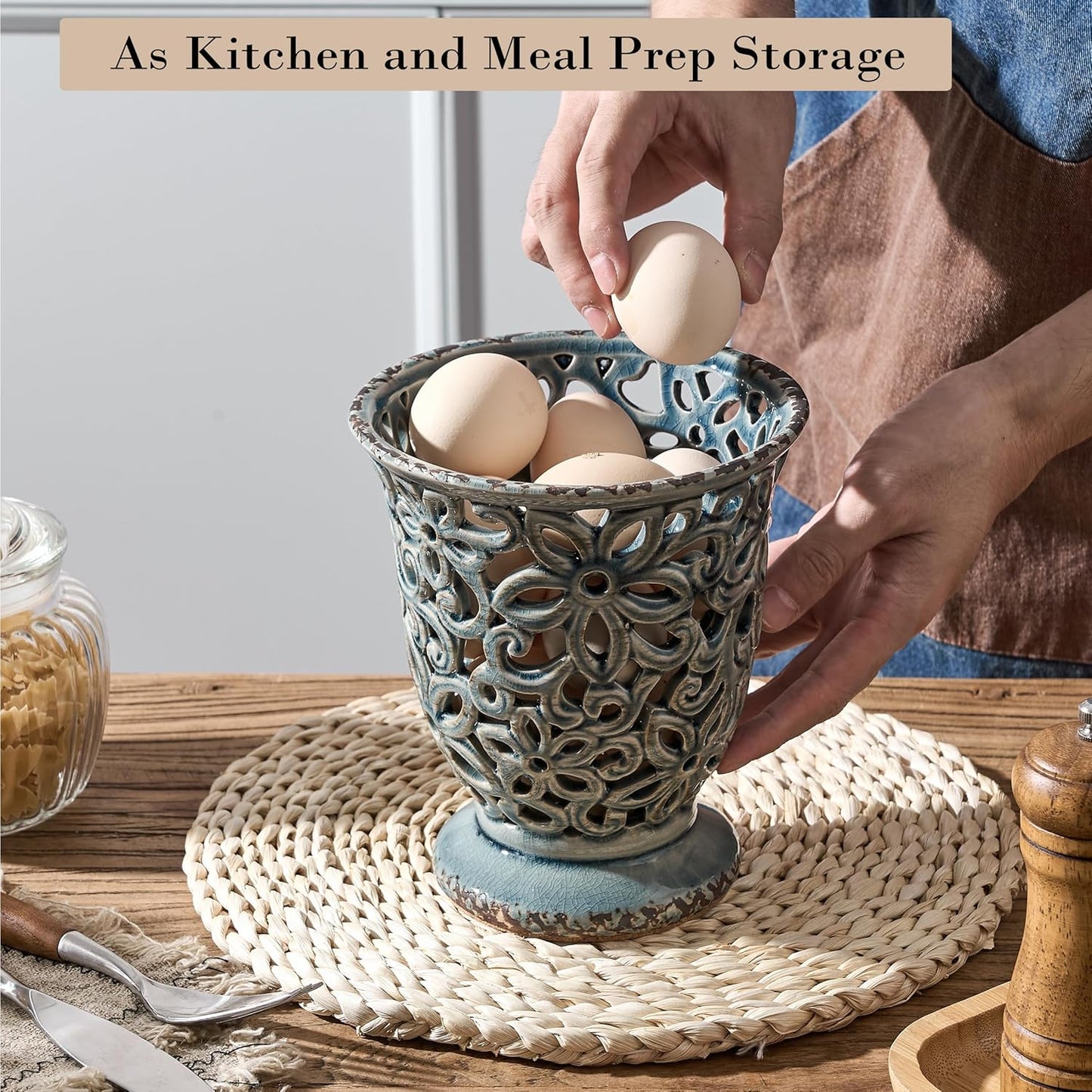 Utensil Holder for Kitchen Counter, Modern Farmhouse Cooking Utensil Holder and Crock Home Kitchen Decor, Ceramic Utensil Organizer for Spatula, Ladle, Eggbeater, Rolling Pin- Grayish Blue, Crackled