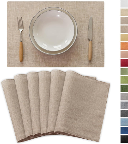 Demetex Placemats Set of 6 Heat Resistant Dining Table Mats Linen Cloth Placemats for Kitchen Indoor Outdoor Place Mats, Light Linen