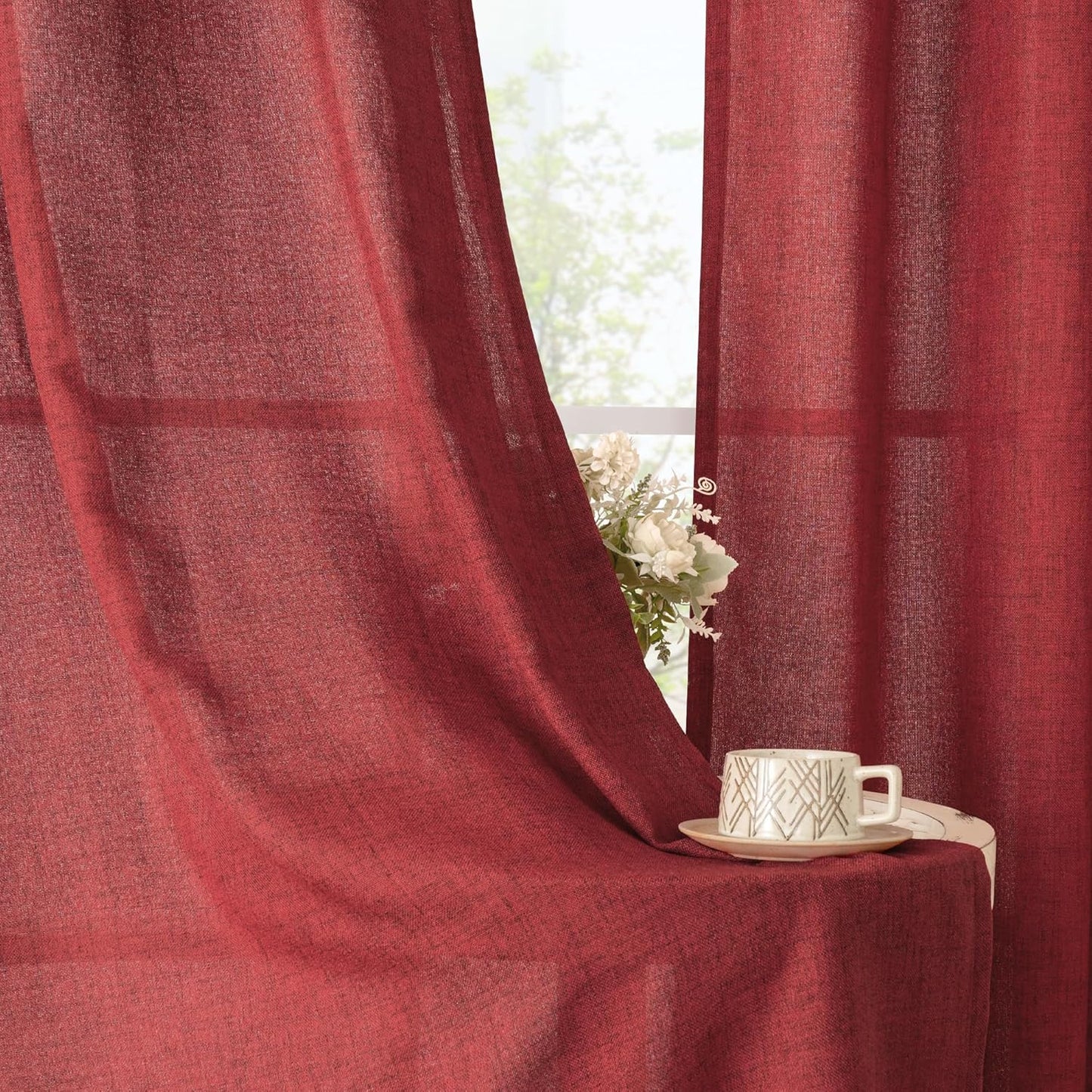 YoungsTex Red Linen Curtains 63 Inch Length for Living Room, Light Filtering Window Drapes with Bronze Grommet Semi Sheer Privacy for Bedroom, 42 x 63 Inch, 2 Panels