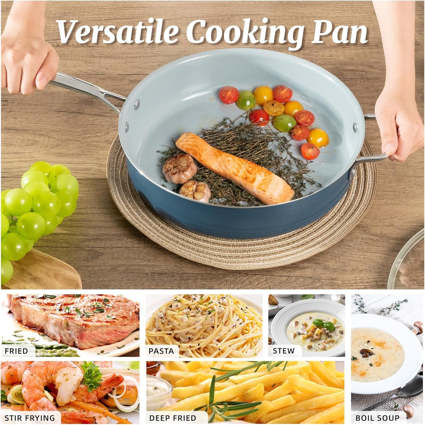 Nonstick Sauté Pan with Lid 5 QT Deep Frying Pan with Stainless Steel Helper Handle 12 inch Large Skillet Ceramic Jumbo Cooker for Healthy Cooking, Induction Compatible Cookware, PFOA Free