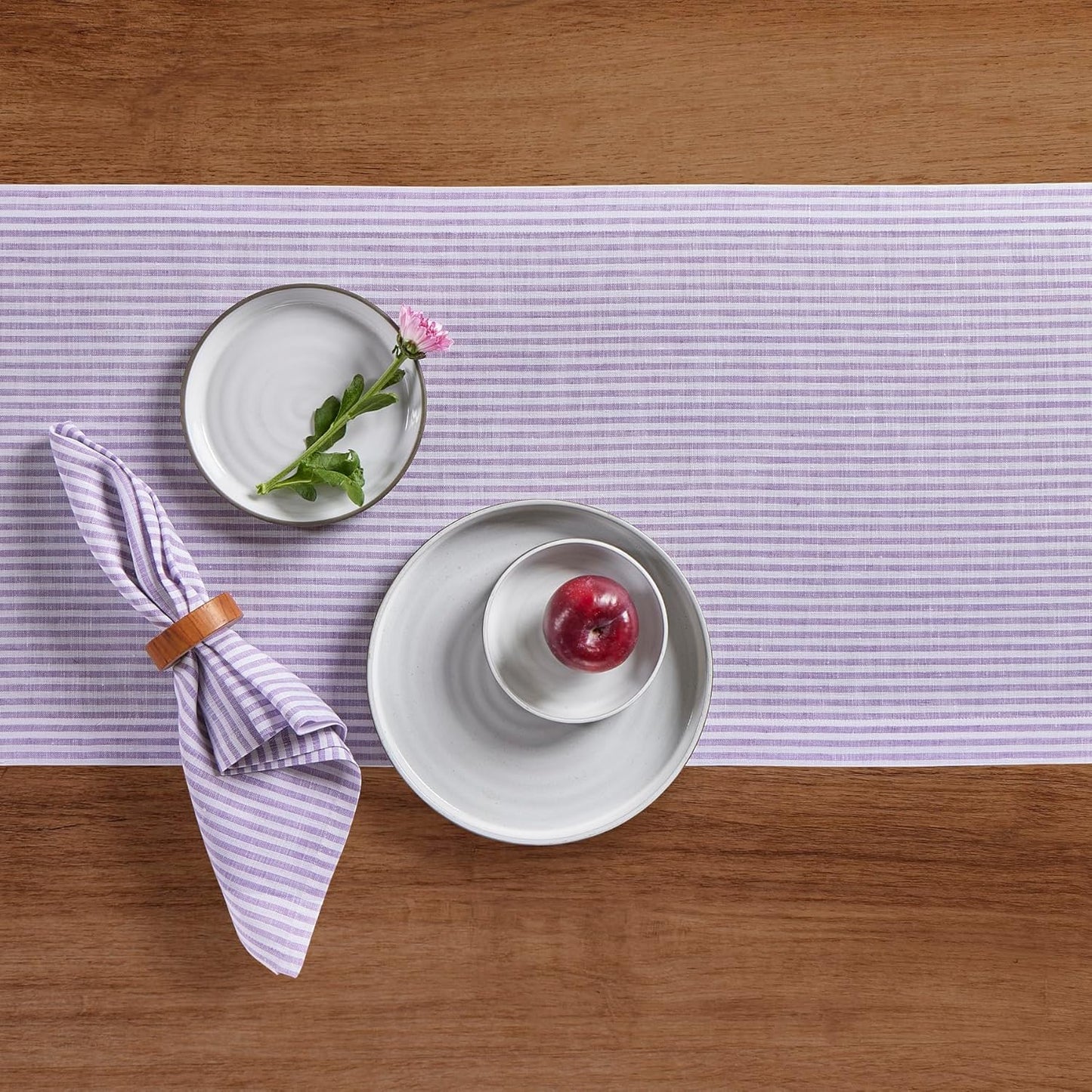 Solino Home Linen Striped Table Runner 120 Inches Long - Narrow Stripe 100% Pure Linen Lavender and White Dining Table Runner 14 x 120 Inch for Fall, Autumn, Thanksgiving, Christmas