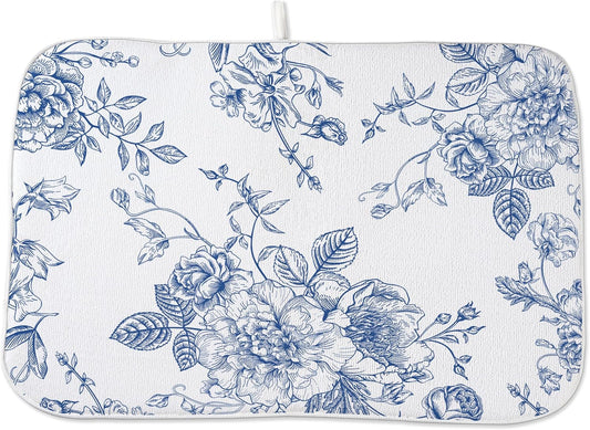 Chinoiserie Floral Dish Drying Mat 18 x 24 inch Vintage Blue Flower Decorative Drying Mats Microfiber Absorbent Dish Washable Draining Mat for Kitchen Counter Decor