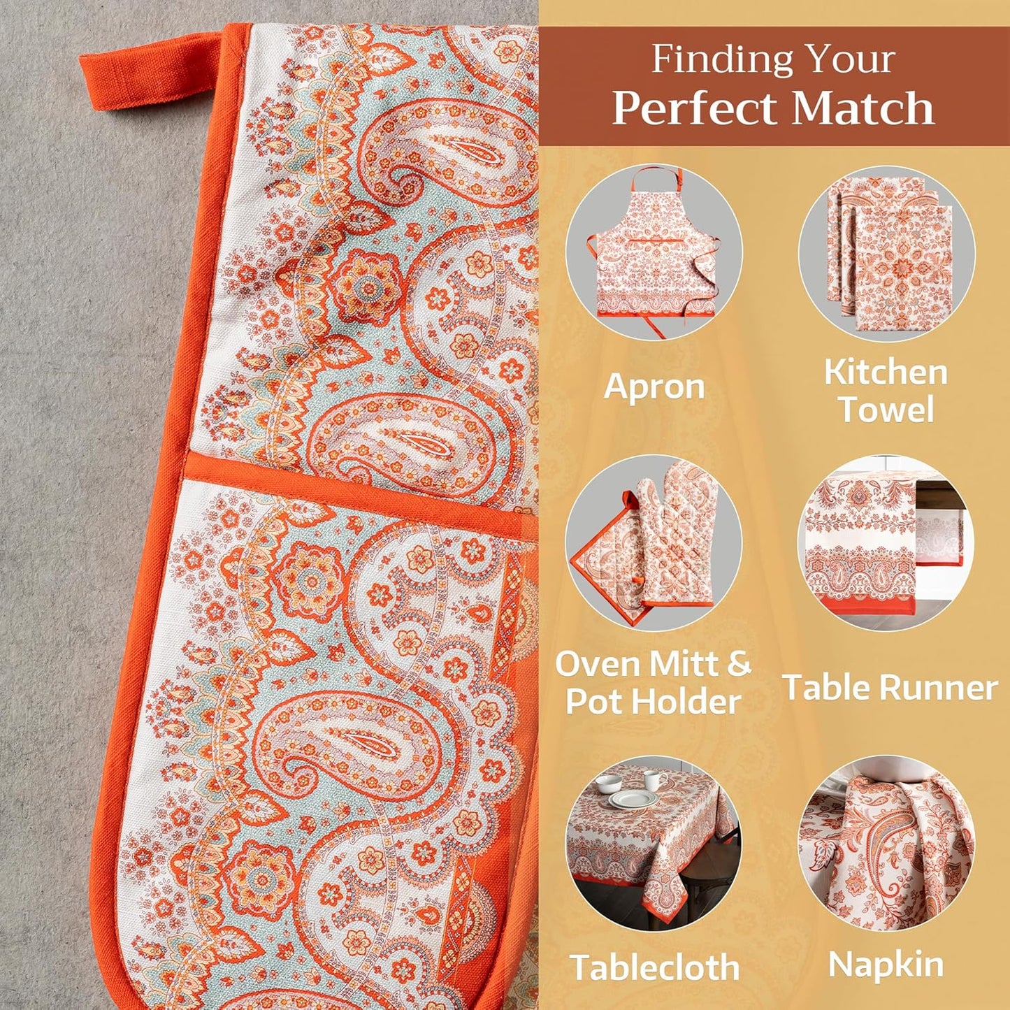 Maison d' Hermine Double Oven Mitt (7" x 35") 100% Cotton Heat Resistant BBQ Cooking Gloves with Loop for Thanksgiving Christmas Decorations Baking Cooking Barbeque Handling Hot Pan (Cachemire)