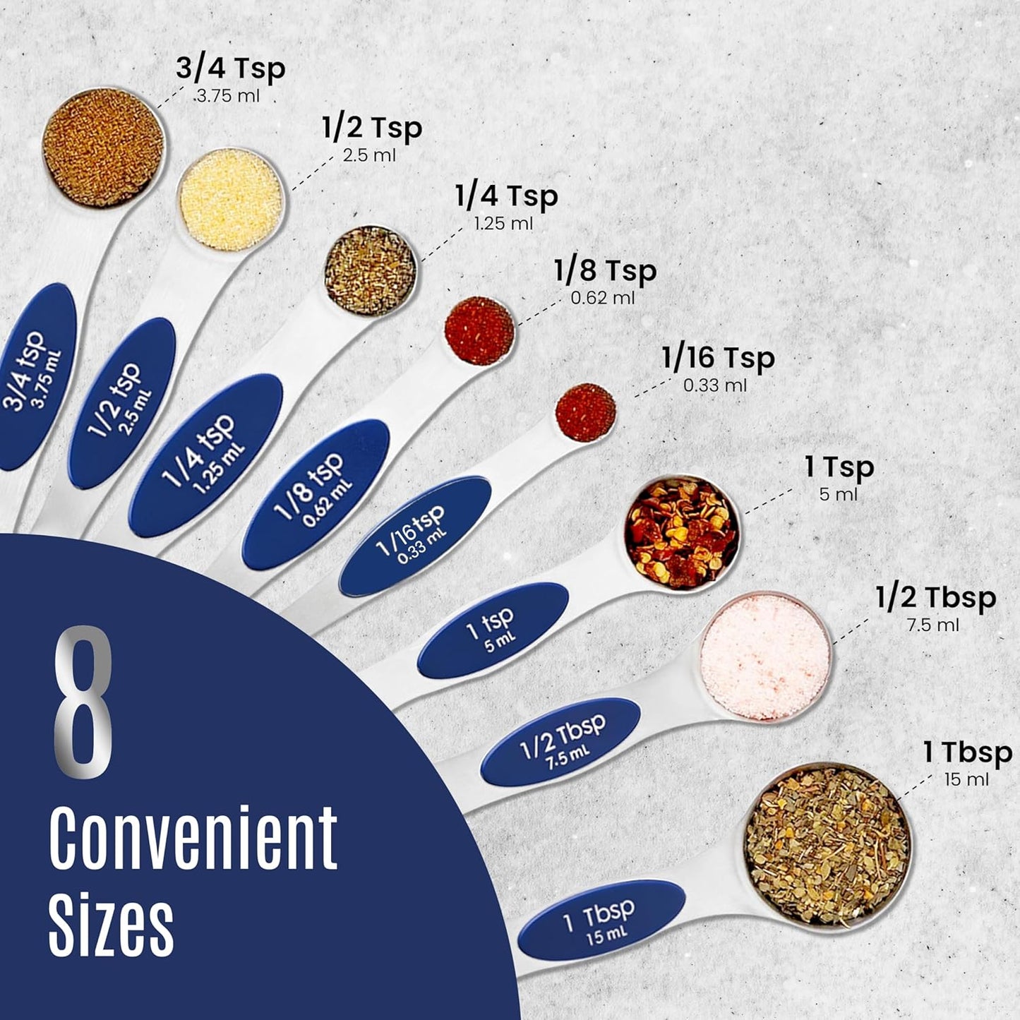 Magnetic Measuring Spoons Set of 9 Stainless Steel Dual-Sided Stackable Measuring Spoon Nesting Teaspoons Measuring Dry and Liquid Ingredients, Fits in Spice Jars Set of 9 (Sapphire)