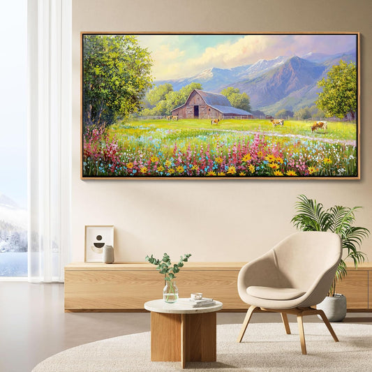 AJAZIKO Rustic Mountain Wall Art - Farmhouse Landscape Wall Decor with Highland Cow & Floral Art - Nature & Country Artwork for Living Room, Bedroom & Walls - Framed Flower Pictures for Home 29x58IN