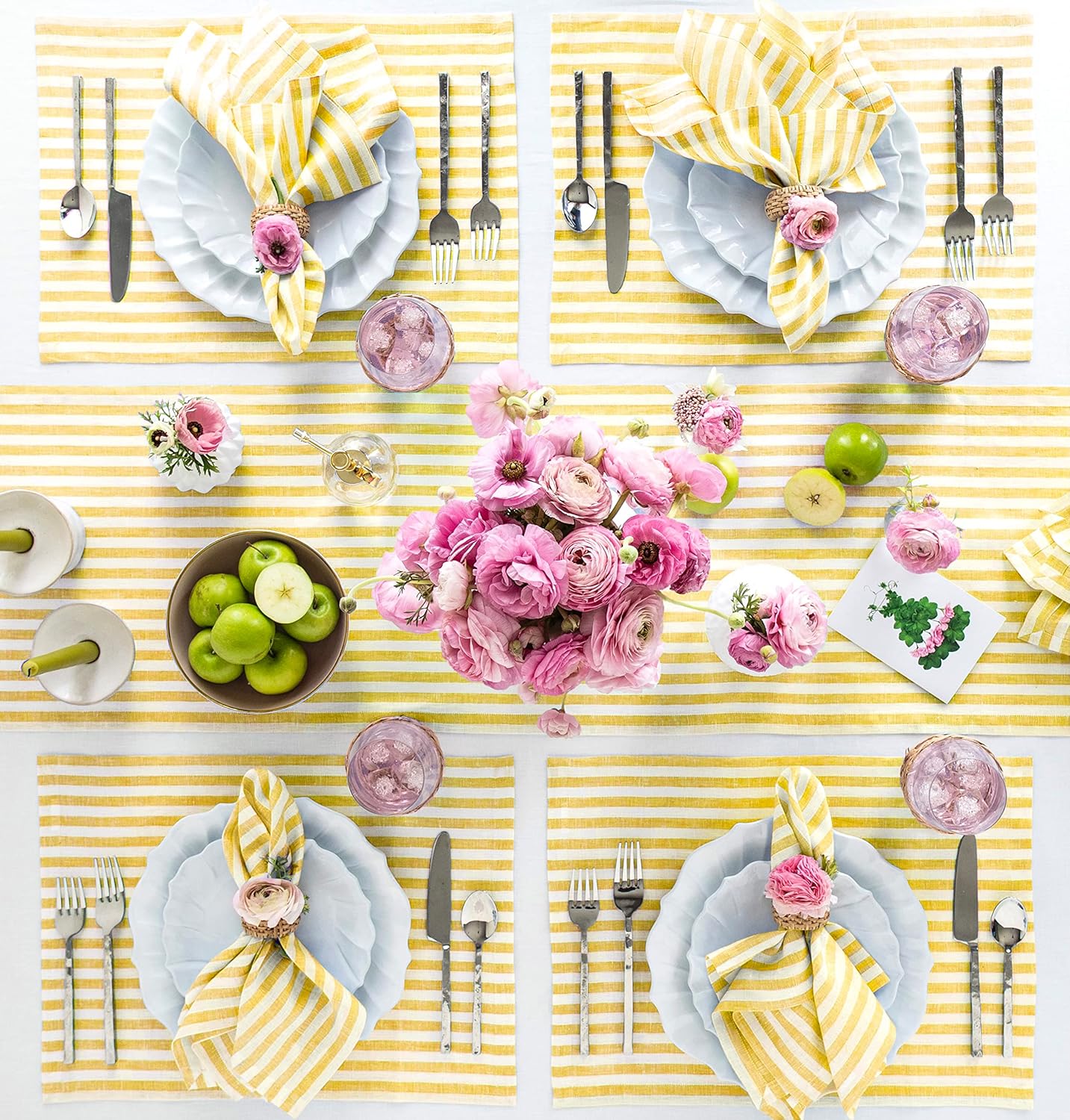 Solino Home Linen Table Runner 120 Inches Long - Amalfi Stripe, 100% Pure Linen Primrose Yellow and White Table Runner 14 x 120 Inch for Dining