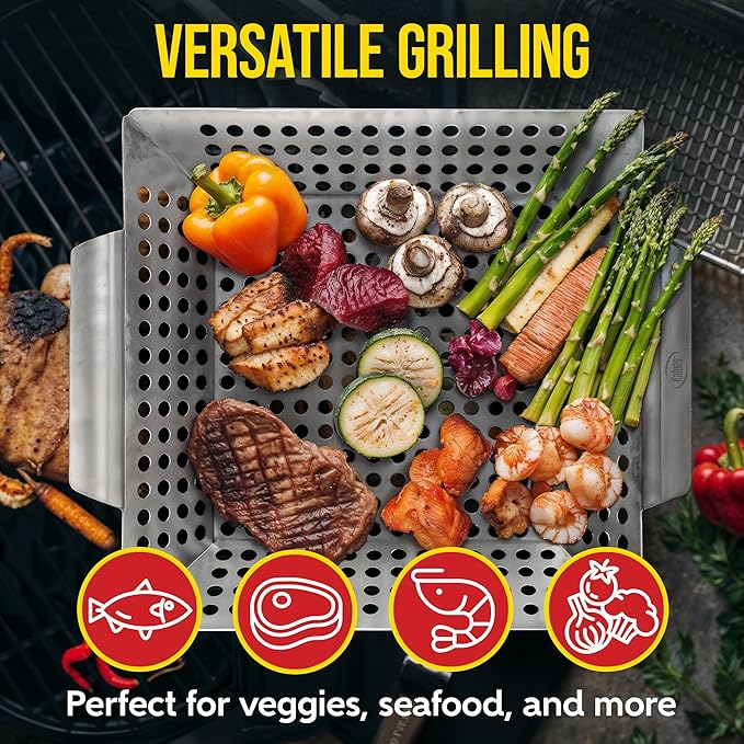 Kaluns Heavy Duty Stainless Steel Vegetable Grill Basket, Rectangular, Silver, Dishwasher Safe Grills and Vegetables