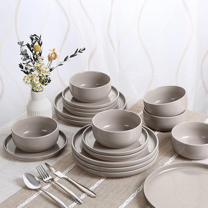 HaWare Stoneware Dinnerware Sets, 18-Piece Plates and Bowls Set for 6, Dishes Set for Home Restaurant, Speckled Cream Coffee
