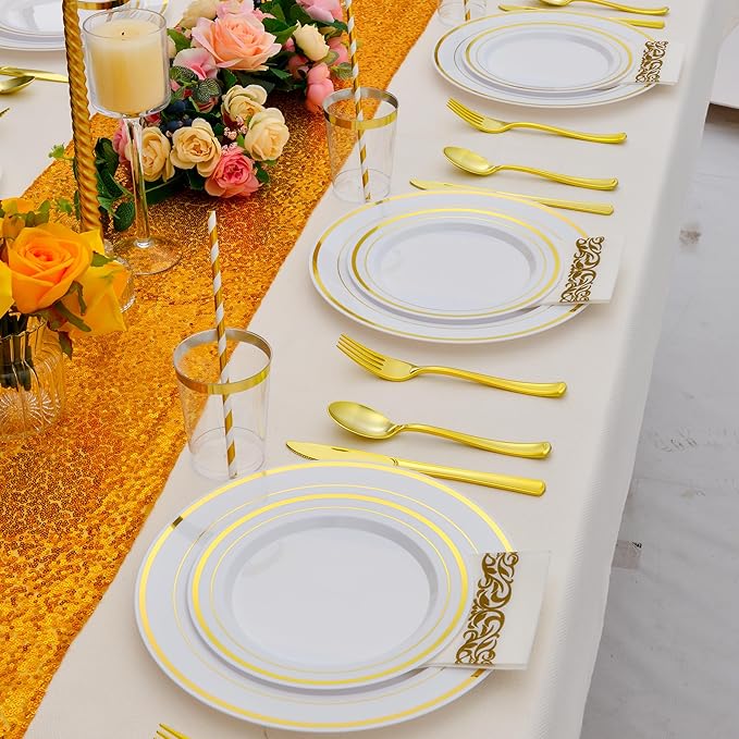 350 PCS Gold Plastic Dinnerware for 50 Guests, Gold and White Plastic Disposable Plates, 50 Dinner Plates, 50 Dessert Plates, 50 Silverware Set, 50 Cups, 50 Napkins for Party