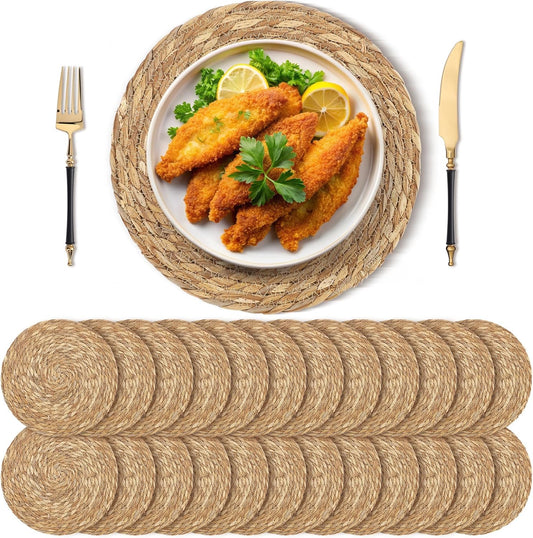 Set of 24 Round Woven Placemats 13.8 Inches Bulrush Placemats Natural Hand-Woven Boho Rattan Placemats Wicker Table Mats Farmhouse Weave Place Mats for Home Dining Table