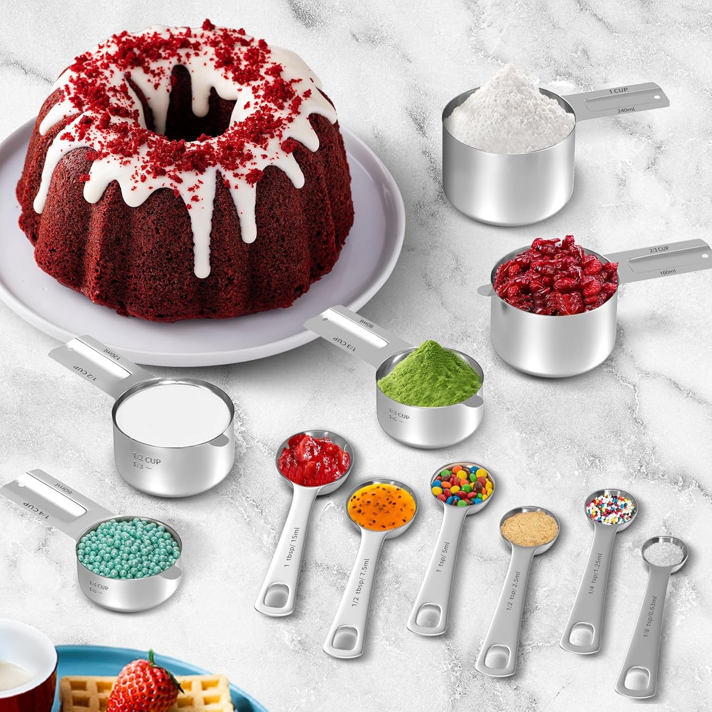 Measuring Cups and Spoons Set, Stainless Steel Measuring Cups Measuring Spoons with Easy to Read Markings, Ideal Kitchen Gadgets for Cooking & Baking, 11 Pack