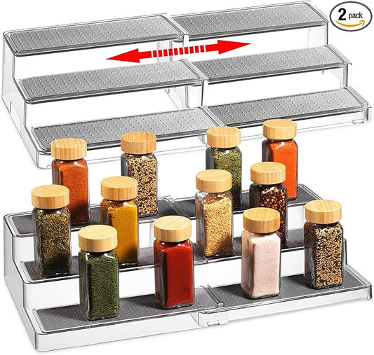 Expandable Spice Organizer Rack (2-PACK) - 3-Tier - Clear Adjustable Tiered Shelf Spices Organization for Kitchen Cabinet and Pantry Storage