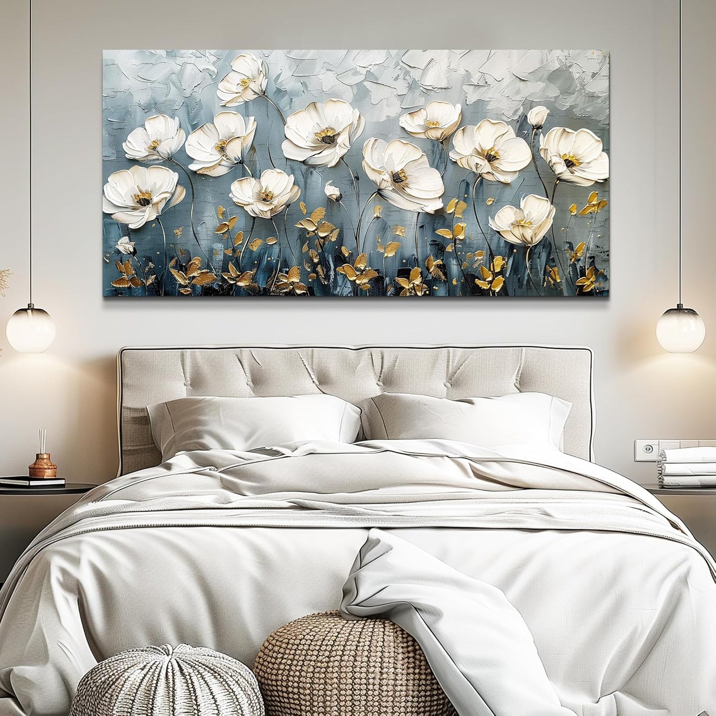 QIYILEXWART Canvas Wall Art For Living Room Large Wall Decor For Office Bedroom Decorations Textured White Flower Landscape Pictures Farmhouse Painting Artwork Room Wall Mural Aesthetic Home Decor 30x60 In