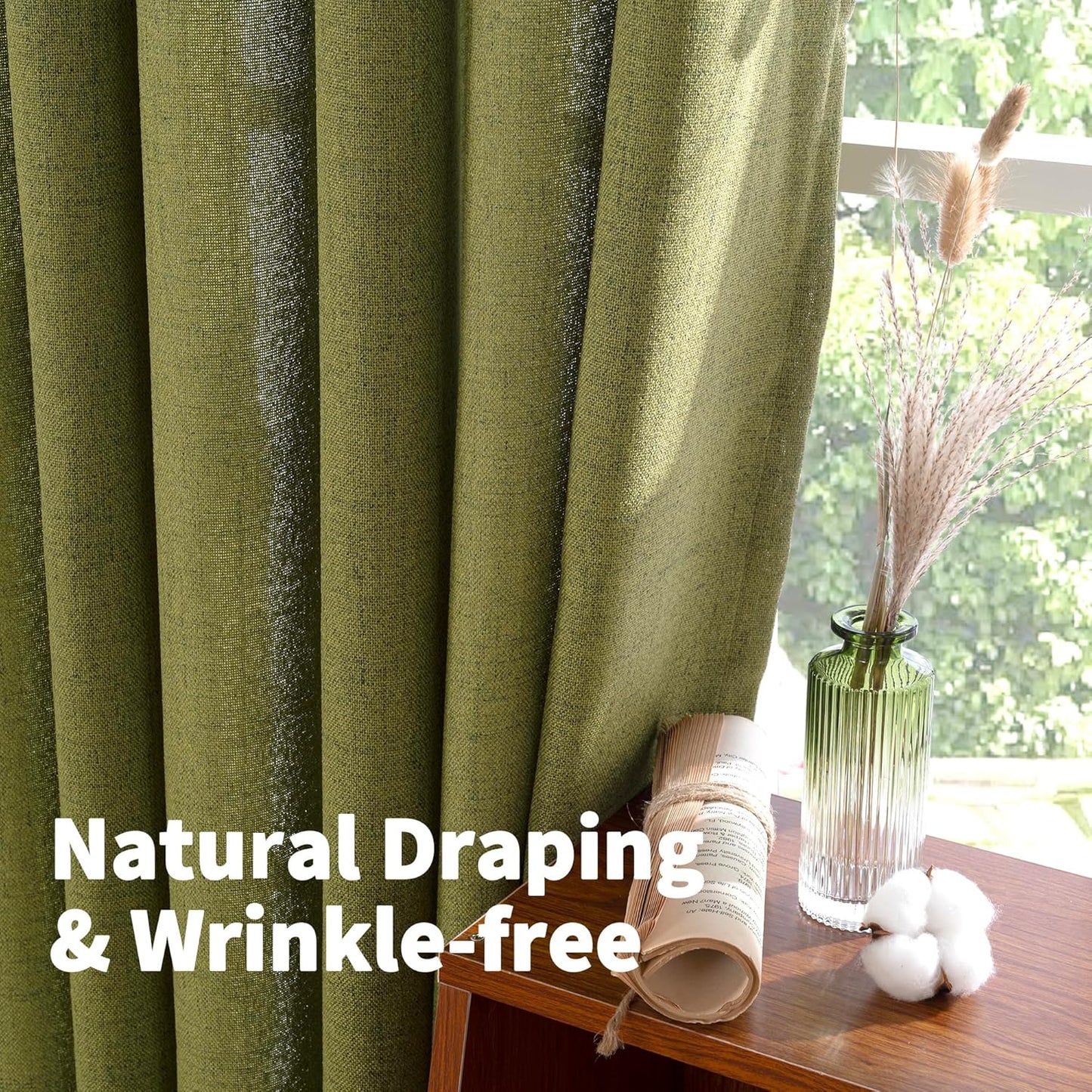 YoungsTex Olive Green Linen Curtains 63 Inches Length for Bedroom - Short Textured Light Filtering Window Drapes with Bronze Grommet Privacy for Living Room/Farmhouse, 2 Panels, 42 x 63 Inch